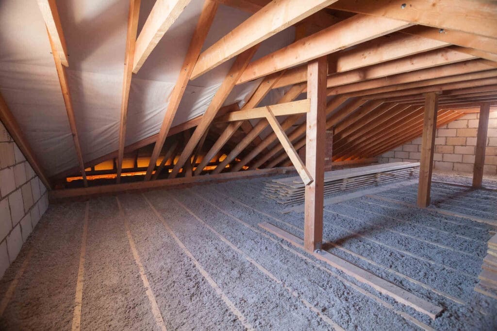 blown-in insulation in an attic