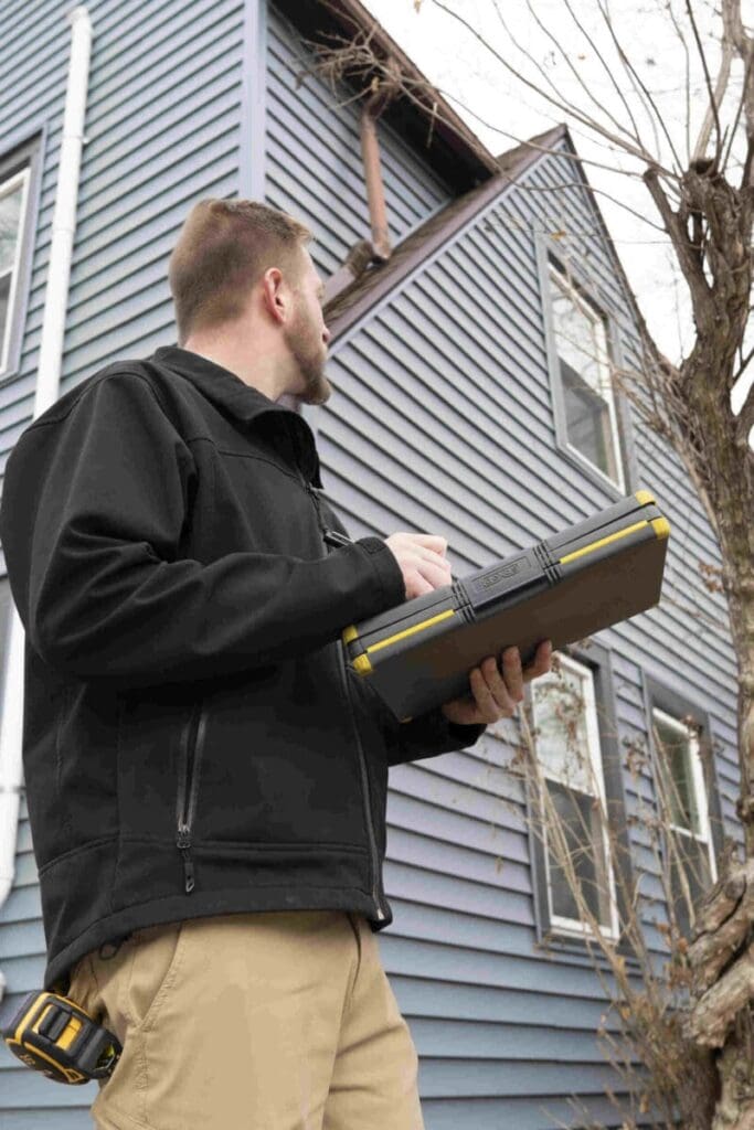 person inspecting a roof from the ground